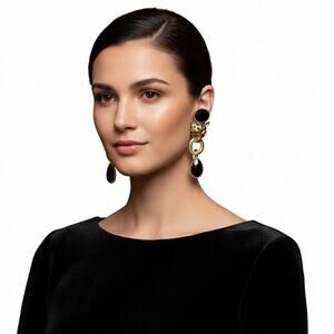 Leopard Long Drop Gold Black Earrings